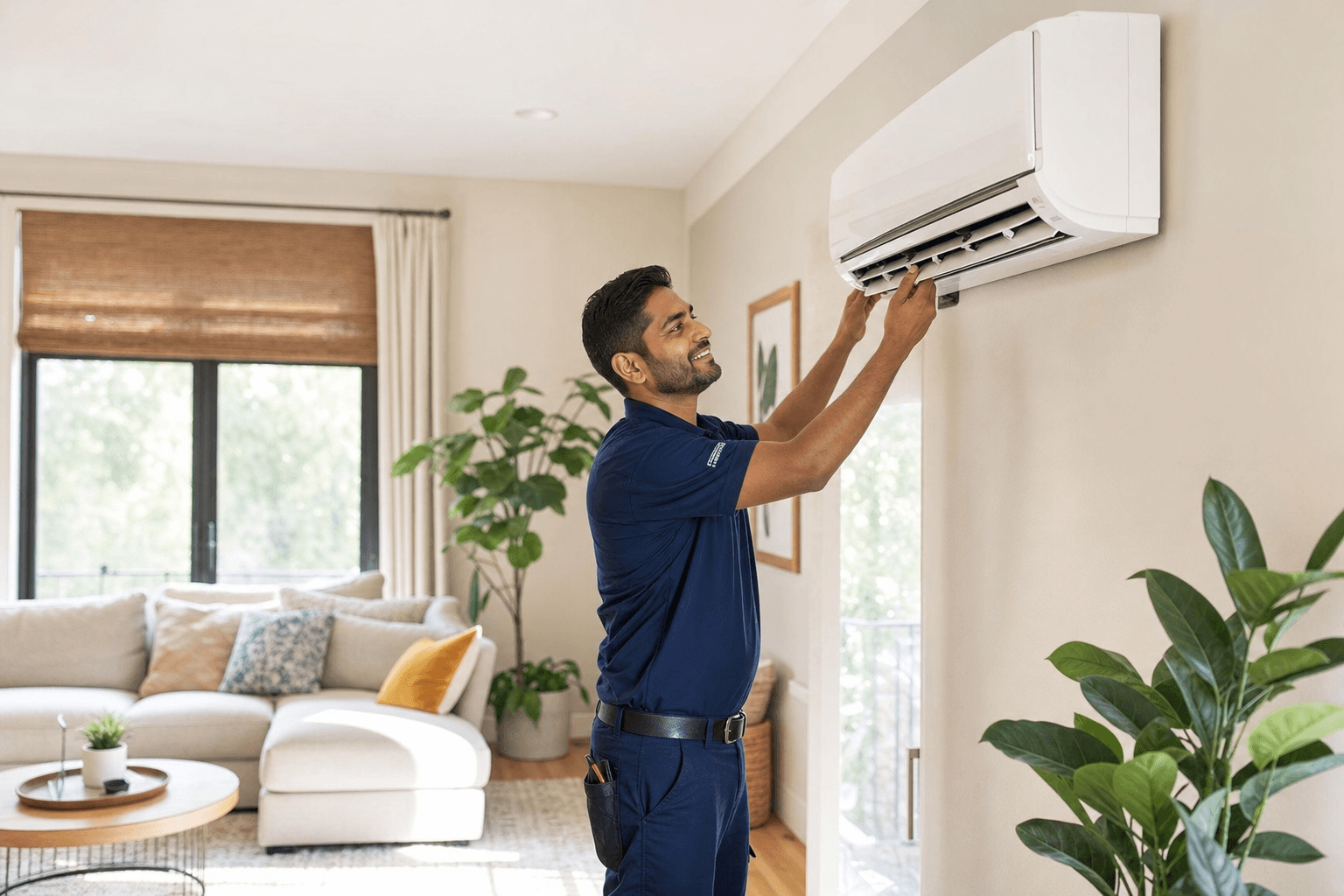 A comfortable living room kept cozy year-round by a ductless heat pump