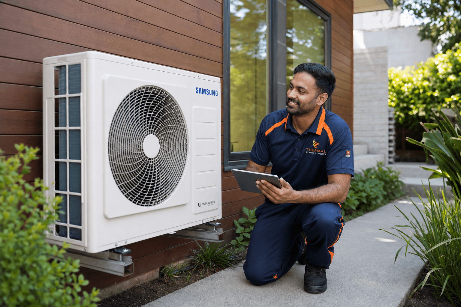 A modern air-source heat pump installed beside a West Coast home in Richmond, BC